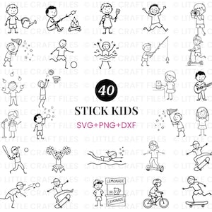 Op de afbeelding: Een verzameling van 40 zwart-wit illustraties van stokfiguurtjes van kinderen die verschillende activiteiten, sporten en hobby's beoefenen. De centrale tekst luidt 40 STICK KIDS SVG+PNG+DXF, met diverse houdingen en voorwerpen.