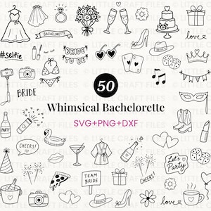 May include: A collection of 50 black and white line art illustrations featuring bachelorette party themes including a wedding dress, ring, champagne flutes, cake, bride hat, camera, dice, hearts, and text elements like Bride to Be and Let's Party.