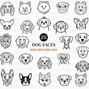 Op de afbeelding: Een digitale collectie van 25 zwart-wit lijntekeningen van verschillende hondengezichten. De centrale tekst luidt 25 DOG FACES SVG+EPS+PNG+DXF. De afbeelding toont diverse hondenrassen met verschillende oorvormen, vachtstructuren en gezichtsuitdrukkingen.