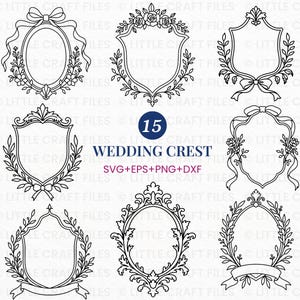 Puede incluir: Una colección de 15 escudos de boda en arte lineal blanco y negro con varios marcos decorativos, acentos florales, cintas y escudos. El texto central dice 15 WEDDING CREST SVG+EPS+PNG+DXF, mostrando diversos diseños ornamentales para uso digital.