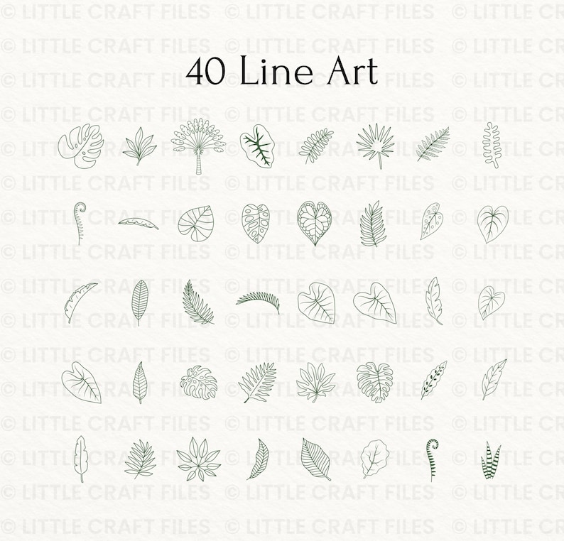 May include: A digital collection of 40 line art illustrations featuring various botanical leaf shapes and tropical foliage designs. Each icon is rendered in a thin, dark green outline against a light background, showcasing diverse plant species.
