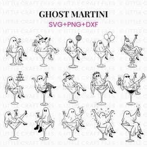 Puede incluir: Una colección digital de ilustraciones de arte lineal en blanco y negro titulada GHOST MARTINI SVG+PNG+DXF. El conjunto presenta quince fantasmas distintos, cada uno representado sentado dentro de una copa de martini, realizando diversas actividades como sostener bebidas, globos o calabazas.