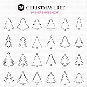 Può includere: Una collezione digitale di 25 contorni di alberi di Natale in bianco e nero con varie forme e stili. Il testo 25 CHRISTMAS TREE e SVG+EPS+PNG+DXF è visualizzato in alto. Queste icone grafiche presentano semplici disegni a linee.
