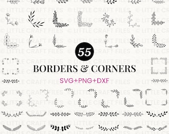 May include: A collection of 55 black and white digital graphic elements featuring various botanical borders and corner designs. The text 55 BORDERS & CORNERS SVG+PNG+DXF is centered in the middle of the image, surrounded by floral motifs.