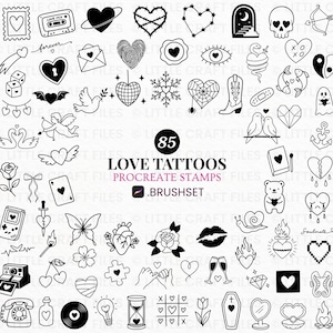 Peut inclure: Une collection de 85 illustrations numériques en noir et blanc représentant des cœurs, des animaux, des fleurs et des symboles romantiques. Le texte central indique 85 LOVE TATTOOS PROCREATE STAMPS .BRUSHSET, présentant divers dessins au trait.
