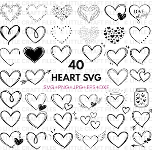 May include: A collection of 40 heart-shaped SVG designs in various styles, including outlines, filled shapes, and decorative elements like arrows and wings. The text "40 HEART SVG" is displayed prominently.