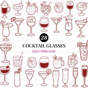 Lot de verres à cocktail SVG, SVG de cocktail, verre à Martini SVG, fichiers coupés de décoration de fête, décoration de cocktail de mariage Png