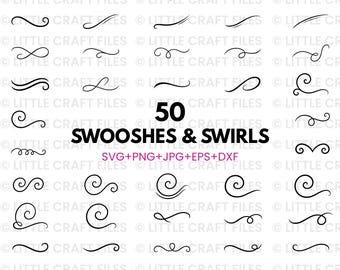 May include: A collection of 50 black swooshes and swirls in various designs. The image includes the text "50 Swooshes & Swirls" and file type options: SVG, PNG, JPG, EPS, and DXF. These decorative elements are ideal for digital crafting and design projects.