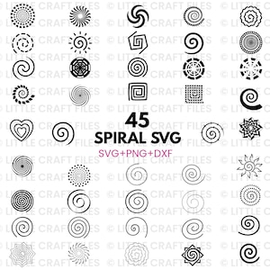May include: A collection of 45 black spiral SVG designs in various styles, including concentric circles, geometric shapes, and stylized suns. The text "SPIRAL SVG" is displayed in the center, with "SVG+PNG+DXF" below it.