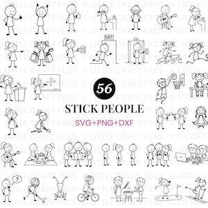 Puede incluir: Una colección de 56 ilustraciones de figuras de palo en blanco y negro que representan diversas actividades diarias, deportes e interacciones sociales. El texto central dice 56 STICK PEOPLE SVG+PNG+DXF, mostrando personajes diversos.