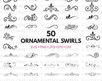 May include: Black ornamental swirls in various designs. The image features 50 different decorative elements, including flourishes, curls, and floral motifs. Text reads "50 ORNAMENTAL SWIRLS" with file type information.