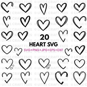 May include: A collection of 20 black heart SVG designs in various styles. The image includes the text "20 HEART SVG" and file type options: SVG, PNG, JPG, EPS, and DXF. The hearts are outlined with a hand-drawn aesthetic.