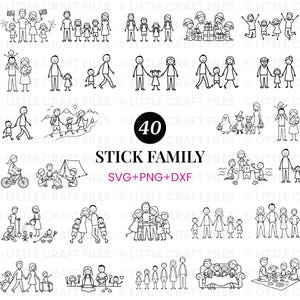 Puede incluir: Una colección de 40 ilustraciones de familias de figuras de palo en blanco y negro con diversas actividades como acampada, celebraciones festivas y vida cotidiana. El texto central dice 40 STICK FAMILY SVG+PNG+DXF, mostrando grupos variados.