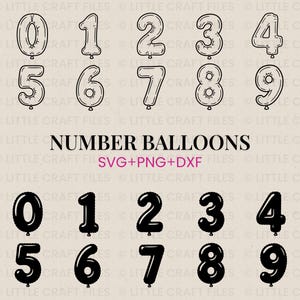 May include: A digital graphic set featuring the numbers zero through nine shaped like balloons. The top row displays outlined versions, while the bottom row shows solid black silhouettes. The text reads NUMBER BALLOONS SVG+PNG+DXF.