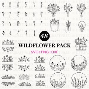 Könnte beinhalten: Eine digitale Sammlung von 48 schwarz-weißen Wildblumen-Illustrationen mit einzelnen Stielen, Blumensträußen, floralen Rändern und kreisförmigen Rahmen. Der Text lautet 48 WILDFLOWER PACK SVG+PNG+DXF und zeigt botanische Linienkunst.