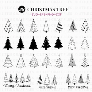 May include: A digital collection of 38 black Christmas tree illustrations in various styles, including solid silhouettes, line art, and scribbled designs. The text 38 CHRISTMAS TREE SVG+EPS+PNG+DXF and MERRY CHRISTMAS is included in the image.