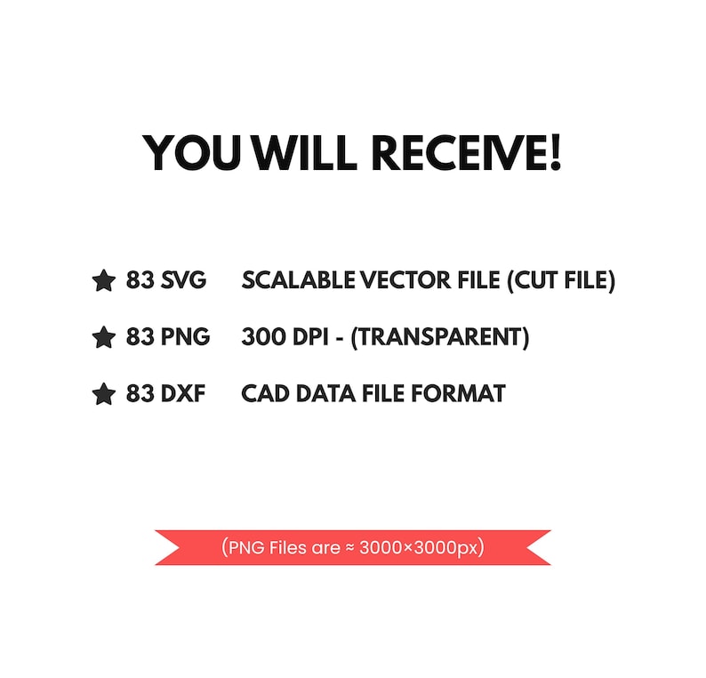 May include: A digital file listing with the text YOU WILL RECEIVE! followed by three bullet points: 83 SVG SCALABLE VECTOR FILE (CUT FILE), 83 PNG 300 DPI - (TRANSPARENT), and 83 DXF CAD DATA FILE FORMAT. A red banner at the bottom states PNG Files are &asymp; 3000x3000px.
