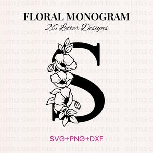 Pacote de Monogramas Papoula em SVG - Conjunto de Alfabeto Floral, Letras Florais de A a Z, Moldura para Monograma, Borda Inicial, Letras para Placa de Nome em PNG e DXF