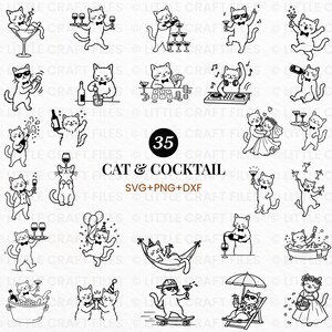 May include: A collection of 35 black and white line art illustrations featuring cats in various party and cocktail settings, including cats with drinks, dancing, and wearing party hats, with the text 35 CAT & COCKTAIL SVG+PNG+DXF.