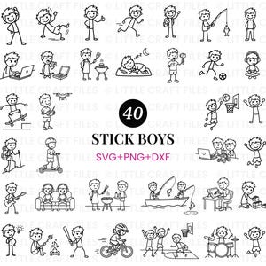 Op de afbeelding: Een verzameling van 40 zwart-wit illustraties van stokfiguurtjes van jongens die verschillende activiteiten uitvoeren zoals sporten, gamen, koken en buitenrecreatie. De tekst 40 STICK BOYS SVG+PNG+DXF staat gecentreerd in het midden.