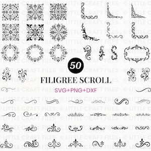 Puede incluir: Una colección de 50 diseños de volutas de filigrana negra, que incluye patrones cuadrados, acentos de esquina, marcos circulares y varios adornos decorativos. El texto 50 FILIGREE SCROLL SVG+PNG+DXF está centrado en la imagen.