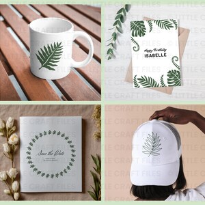May include: A collection of items featuring botanical designs: a white ceramic mug with a green fern leaf, a birthday card with green foliage and the text Happy Birthday ISABELLE, a Save the Date card with a leaf wreath, and a white baseball cap.
