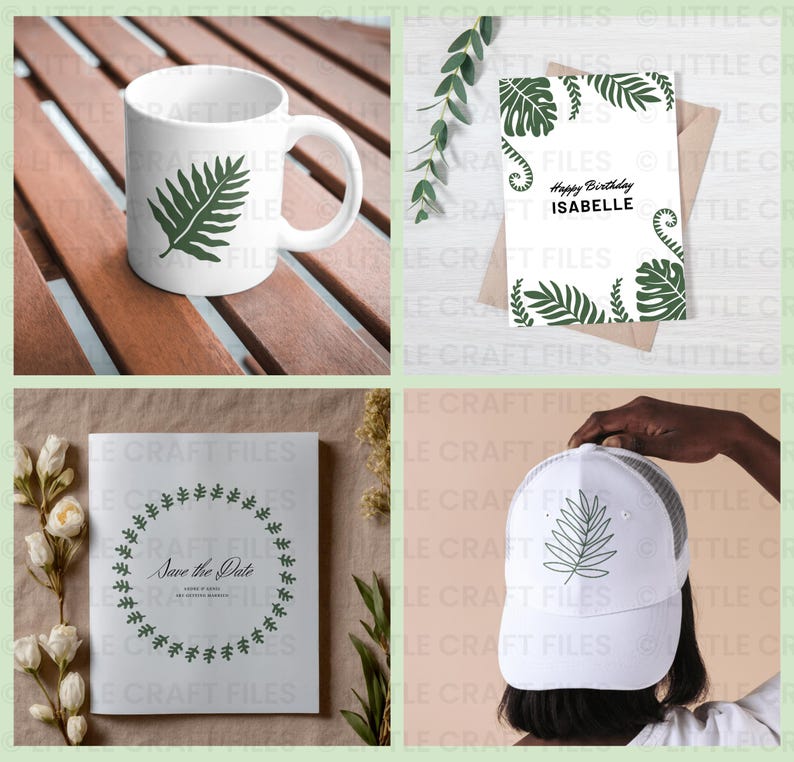 May include: A collection of items featuring botanical designs: a white ceramic mug with a green fern leaf, a birthday card with green foliage and the text Happy Birthday ISABELLE, a Save the Date card with a leaf wreath, and a white baseball cap.