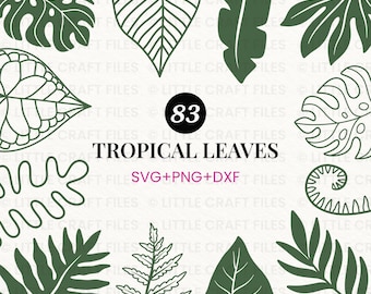 May include: A digital collection of 83 tropical leaves featuring various botanical shapes in dark green outlines and solid fills. The central text reads 83 TROPICAL LEAVES SVG+PNG+DXF, surrounded by a repeating watermark of LITTLE CRAFT FILES.