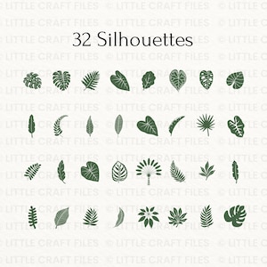 May include: A digital collection of 32 dark green leaf silhouettes arranged in a grid. The set includes various tropical and botanical foliage shapes, such as monstera, fern, and palm leaves. The text 32 Silhouettes is centered at the top.