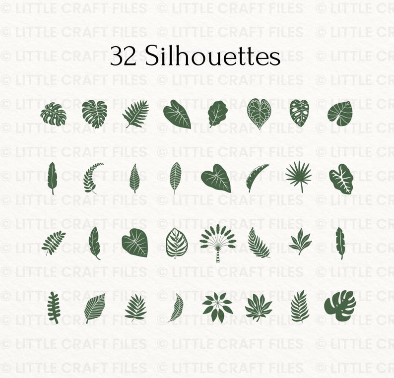 May include: A digital collection of 32 dark green leaf silhouettes arranged in a grid. The set includes various tropical and botanical foliage shapes, such as monstera, fern, and palm leaves. The text 32 Silhouettes is centered at the top.