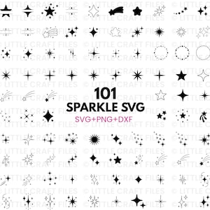Op de afbeelding: Een verzameling van 101 zwarte sparkle SVG-ontwerpen, waaronder sterren, vallende sterren en uitbarstingen. De afbeelding toont verschillende stervormen en -stijlen, perfect voor digitale knutselprojecten. De tekst luidt "101 Sparkle SVG".