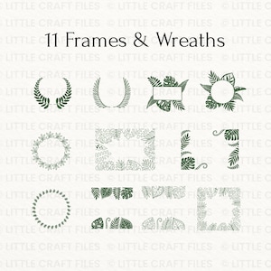 May include: A collection of 11 dark green frames and wreaths featuring various botanical leaf designs, including monstera and fern patterns. The text 11 Frames & Wreaths is displayed at the top of the image, with a repeating watermark in the background.