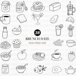 May include: A collection of 38 black and white line art icons featuring brunch-themed food and drink items, including pancakes, coffee, fruit, and pastries. The central text reads 38 BRUNCH DATE SVG+PNG+DXF, showcasing a variety of breakfast graphics.