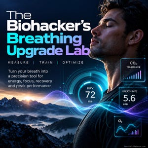 Op de afbeelding: Een digitale afbeelding getiteld The Biohacker's Breathing Upgrade Lab met een persoon met gesloten ogen. Tekst bevat Measure, Train, Optimize en prestatiestatistieken zoals HRV 72 ms, CO2 tolerance en breath rate 5.6 BPM boven een berglandschap.