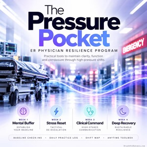 May include: A digital flyer for The Pressure Pocket ER Physician Resilience Programme. It features a hospital gurney in a hallway, with text detailing a four-week course covering Mental Buffer, Stress Reset, Clinical Command, and Deep Recovery.