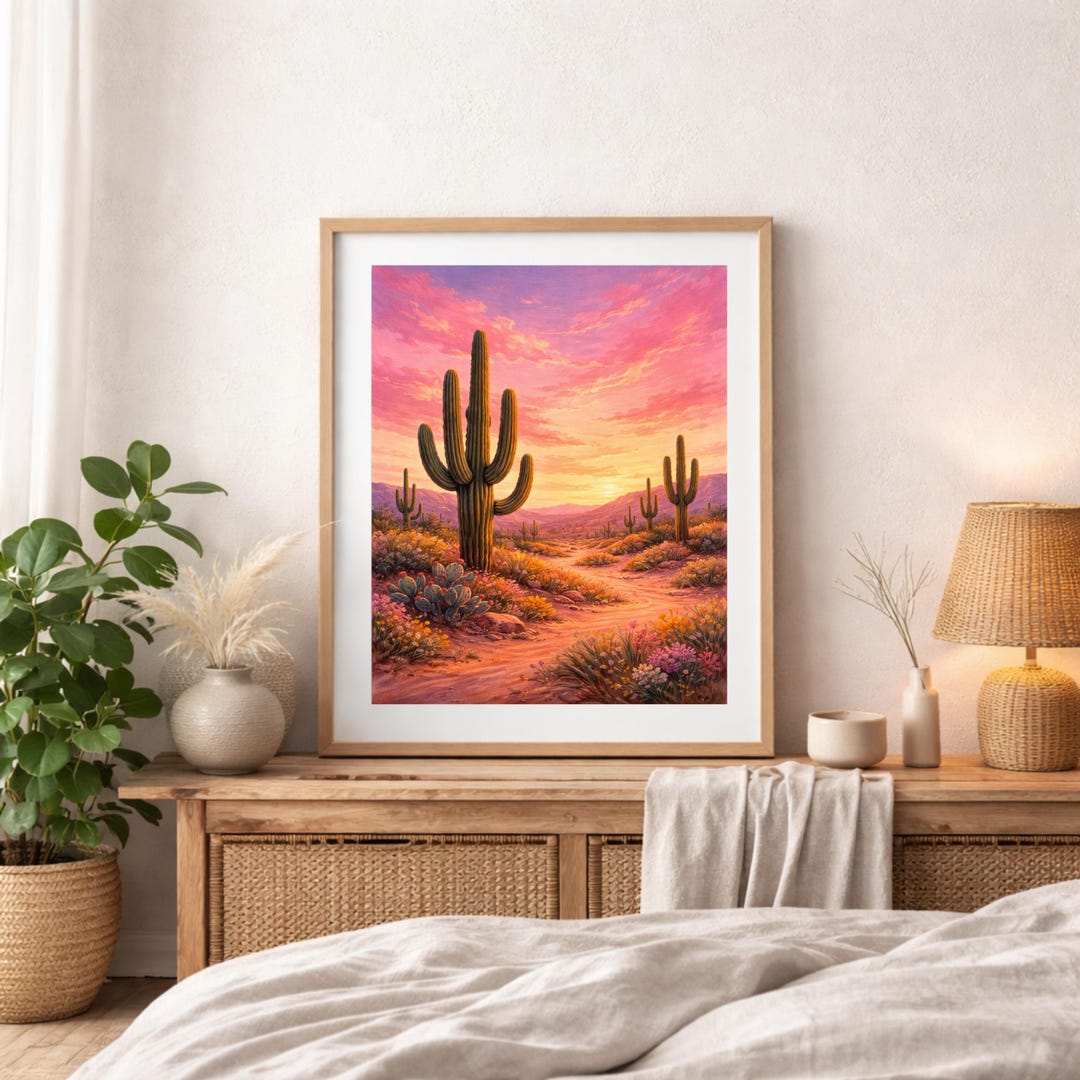 Pink Desert Wall Art Print | Saguaro Cactus Sunset Landscape ...