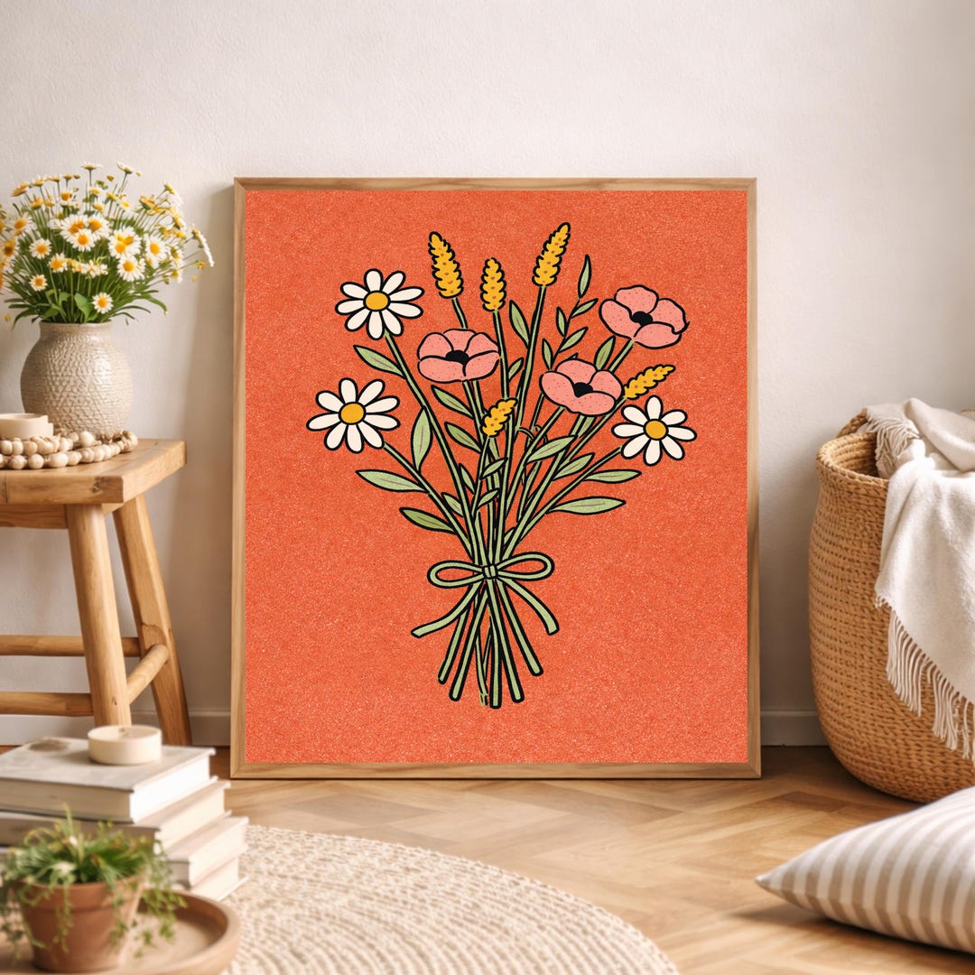 Wildflower Bouquet Wall Art Print | Retro Floral Daisy Poppy Decor ...