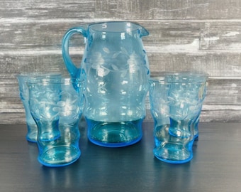 Super Stunning Blue Jug and Matching 4 x Glasses - Ideal for Summer Garden Drinks - House Warming Gift