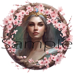 May include: A portrait of a woman with long, silver hair wearing a crown of flowers and a blue and gold necklace. The background is a blurred image of a forest with a cherry blossom tree in the foreground. The text "Queen of the Mists" is written below the woman's portrait.
