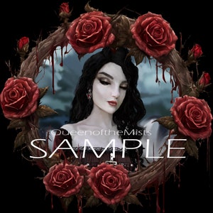 May include: A woman with dark hair and a pale complexion is framed by a wreath of red roses with thorns and dripping blood. The text "Queen of the Mists" and "SAMPLE" are visible below the woman's portrait.