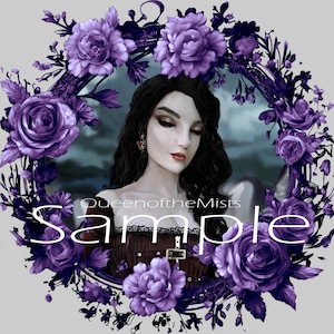 Puede incluir: Ilustración digital de una mujer con cabello oscuro, enmarcada por flores y follaje morado. La mujer lleva una blusa burdeos y pendientes. La palabra "Sample" se superpone a la imagen, junto con el texto "QueenoftheMists".