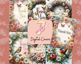 Tarjetas de agradecimiento Descarga digital Flores y mariposas de primavera, Imprimibles Haz tu propia tarjeta DIY 4x6, 5x7