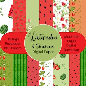 Carta digitale anguria e fragola, carta per scrapbooking, download digitale di Momluvv