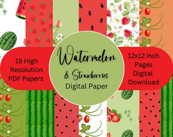 Papel digital de sandía y fresa, papel para álbum de recortes, descarga digital de Momluvv
