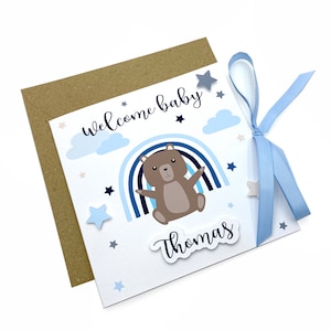 Biglietto d'auguri 3D per il benvenuto del bambino, biglietto personalizzato per neonato, biglietto d'auguri quadrato per bambini con orso illustrato, biglietto per neogenitori