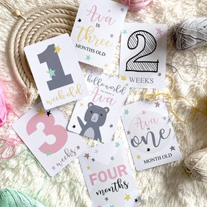 Cartes d'étape personnalisées pour bébé, cartes d'étape originales d'illustration, cadeau de douche de bébé, cartes de mémoire de bébé avec des étoiles, cadeau pour le nouveau-né