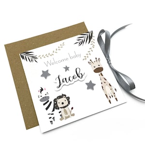 Carta regalo personalizzata per dare il benvenuto a un bambino, biglietto di auguri di animali selvatici con nastro, biglietto di auguri per nuovi genitori 3D, biglietto di auguri per i nuovi genitori