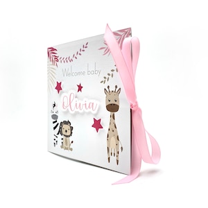 Biglietto regalo personalizzato per dare il benvenuto a una bambina, biglietto di benvenuto 3D per bambino, biglietto di auguri per animali selvatici con fiocco rosa, nuovo biglietto per bambini