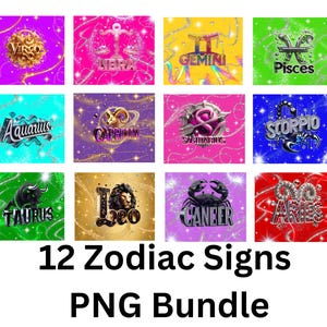 Ensemble PNG du zodiaque | 12 signes clipart astrologie colorés | Sublimation horoscope PNG pour verres, chemises, sweats à capuche | Téléchargement numérique