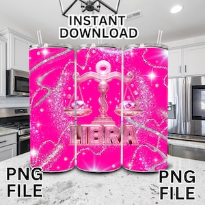 May include: Pink tumbler with a glitter design and a pink Libra zodiac symbol with a scale design. The tumbler has a silver lid and straw.